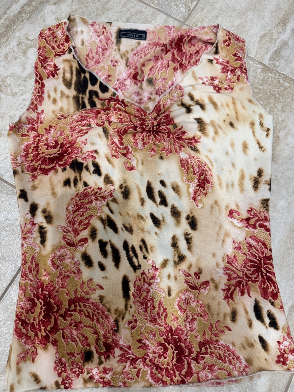 Vince Sleeveless V-Neck Floral & Leopard Print Top — Pink and Tan